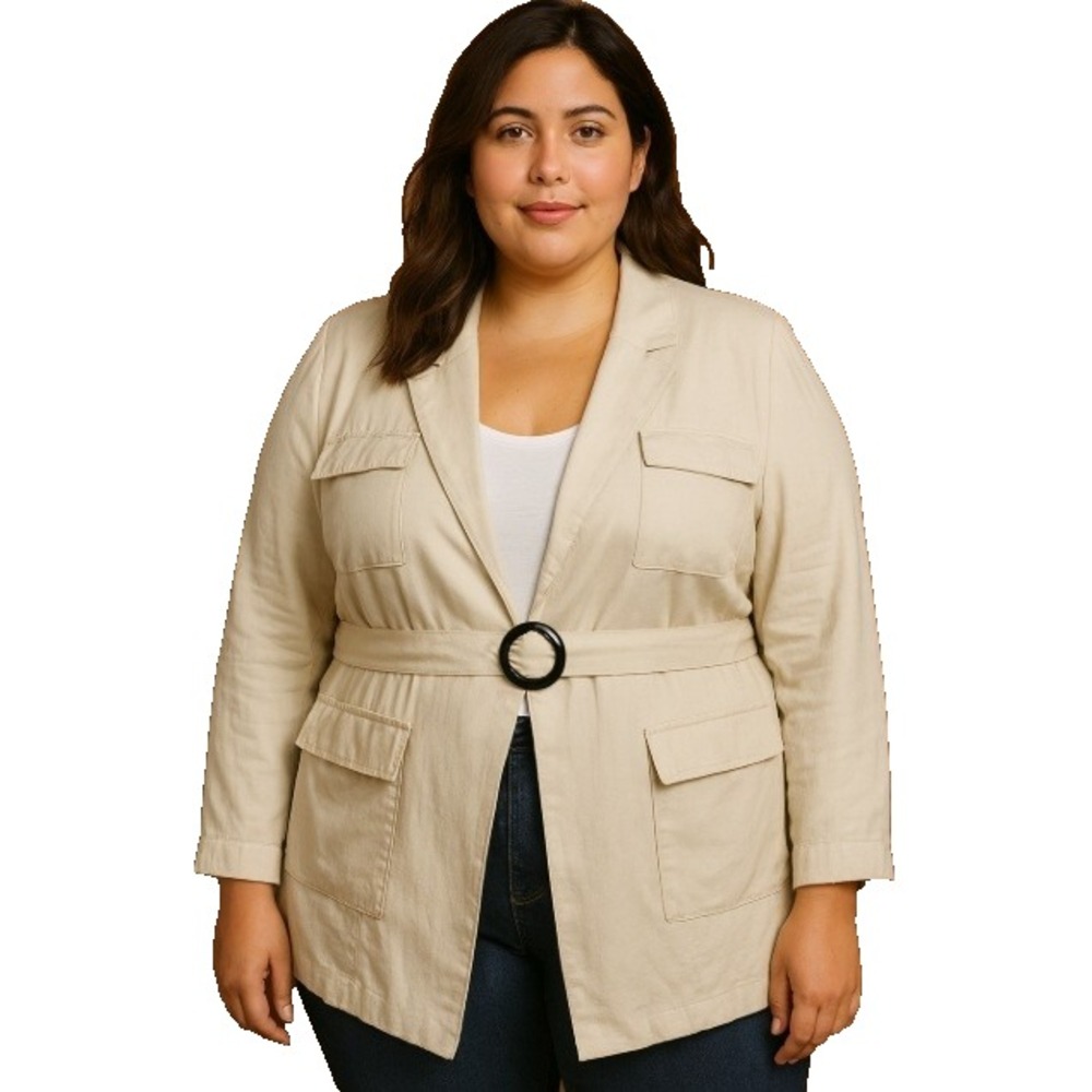 Lane Bryant Jacket Womens 20 Beige Linen Blend Open Belted Coat Utility Safari